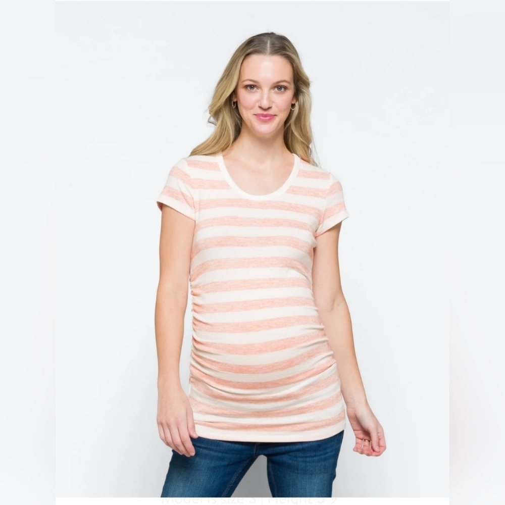 MARKET & SPRUCE - Coral and white striped Alma Short Sleeve Maternity Knit Top